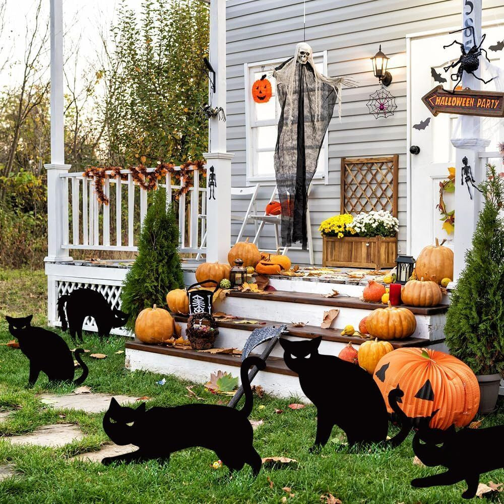 Outdoor Halloween Decorations, 5Ct Black Cat Yard Decor with LED Lights in Eyes,