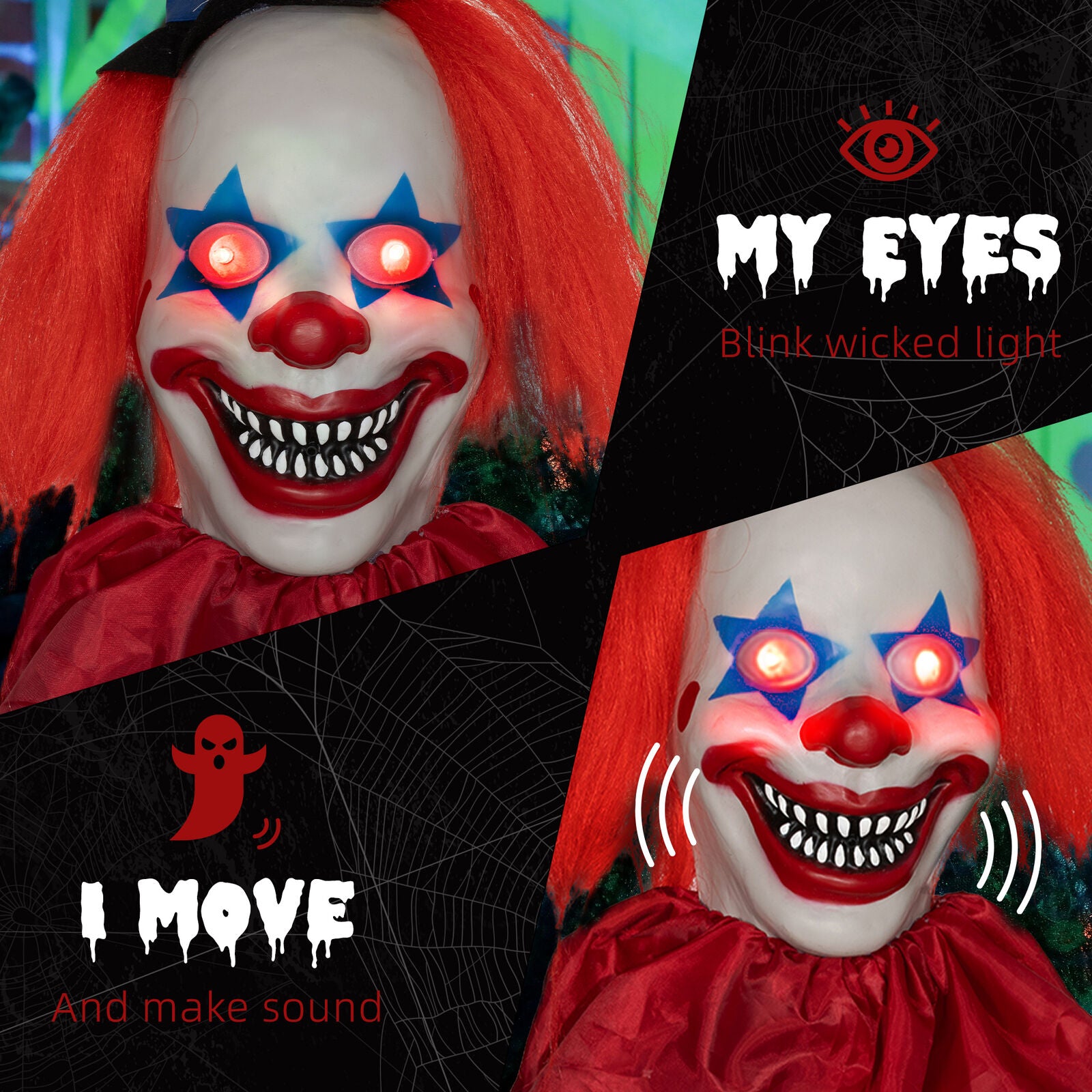 Hanging Clown Halloween Animatronic, Sound Activated for Party