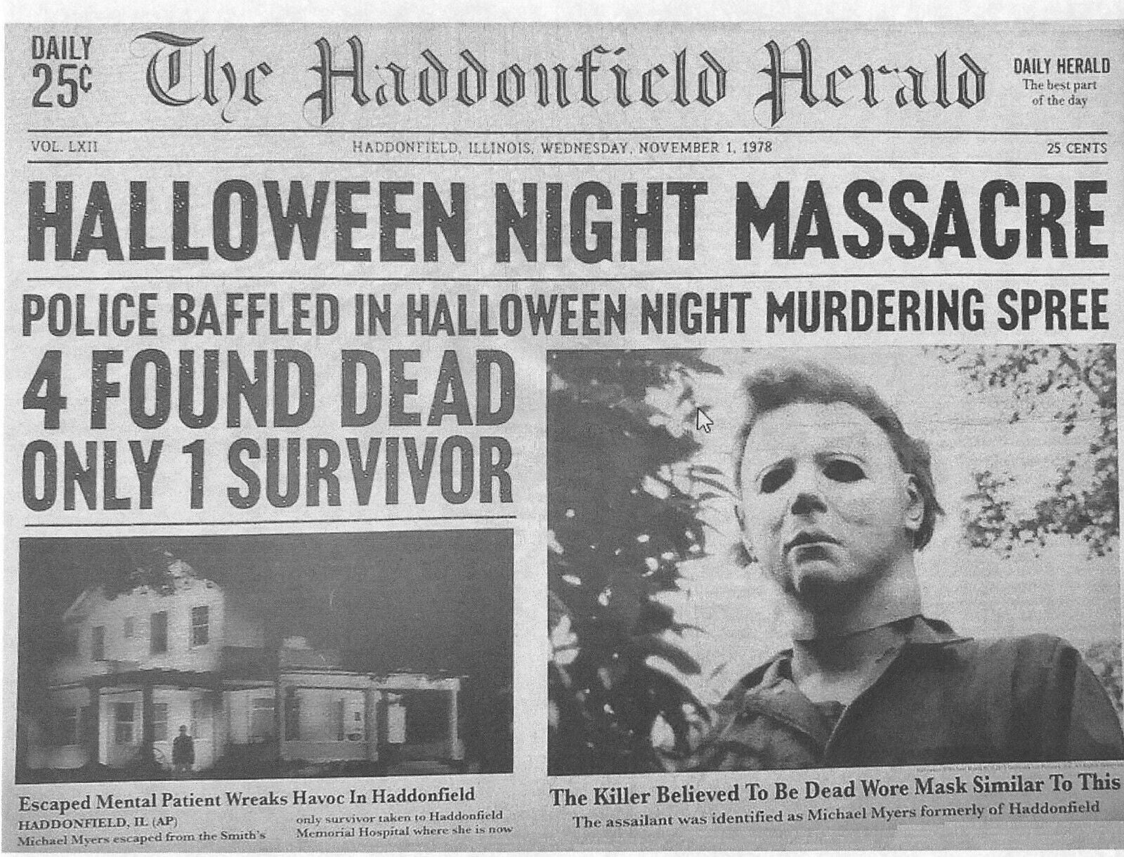 1978 Halloween Michael Myers Haddonfield Herald Night Massacre Mini Poster 🔪🎃