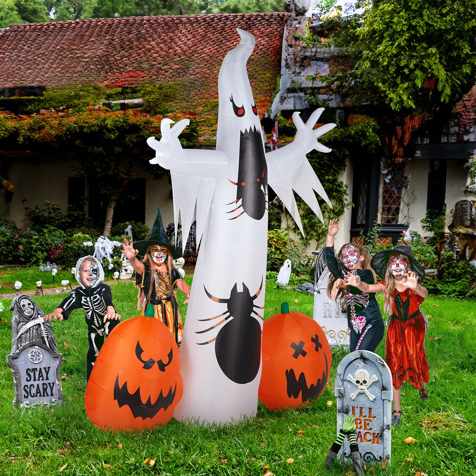 12FT Scary Halloween Inflatables Giant Ghost Spider Pumpkin Outdoor Decorations