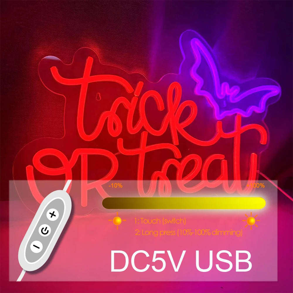 Halloween Trick or Treat Neon Sign , 16X11 in Dimmable USB Powered Halloween LED Red Light for Shop Bar Party Wall Decor
