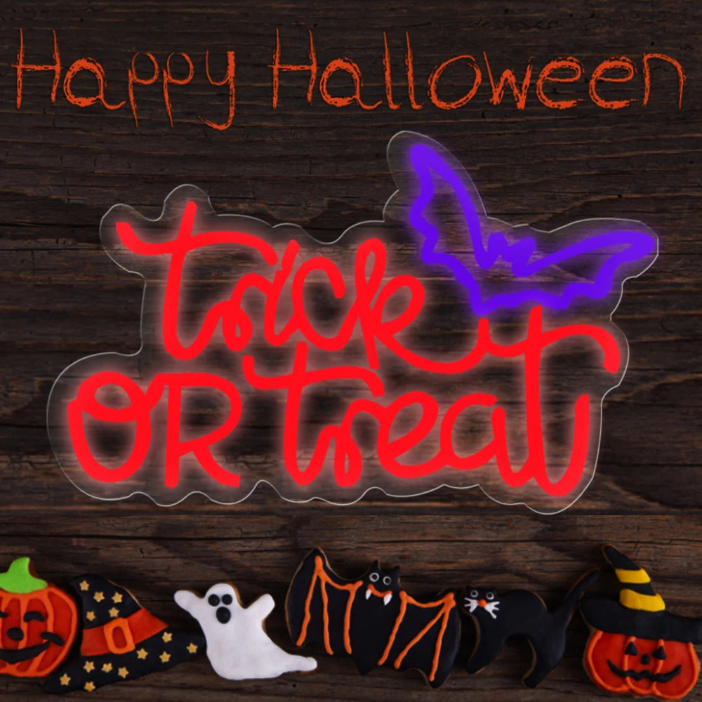 Halloween Trick or Treat Neon Sign , 16X11 in Dimmable USB Powered Halloween LED Red Light for Shop Bar Party Wall Decor