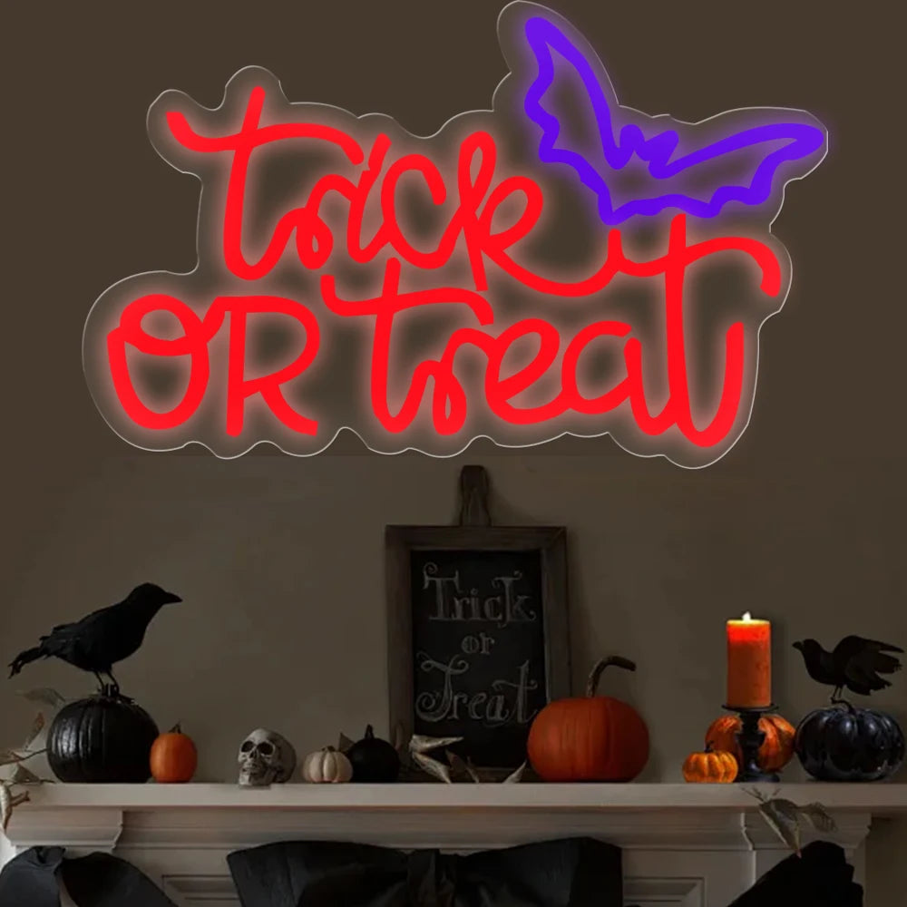 Halloween Trick or Treat Neon Sign , 16X11 in Dimmable USB Powered Halloween LED Red Light for Shop Bar Party Wall Decor