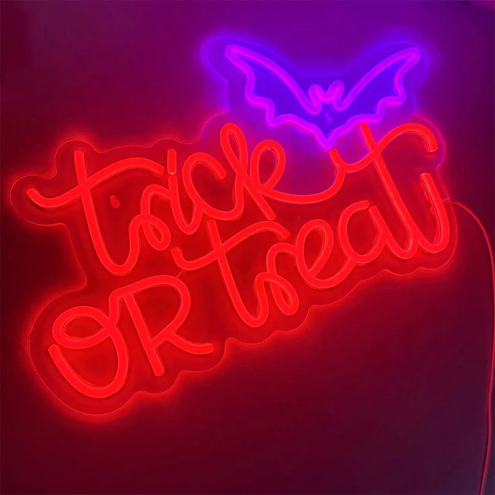 Halloween Trick or Treat Neon Sign , 16X11 in Dimmable USB Powered Halloween LED Red Light for Shop Bar Party Wall Decor