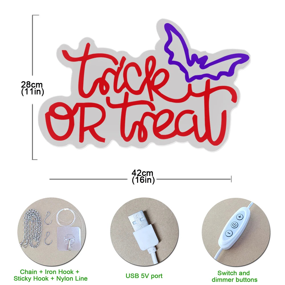 Halloween Trick or Treat Neon Sign , 16X11 in Dimmable USB Powered Halloween LED Red Light for Shop Bar Party Wall Decor