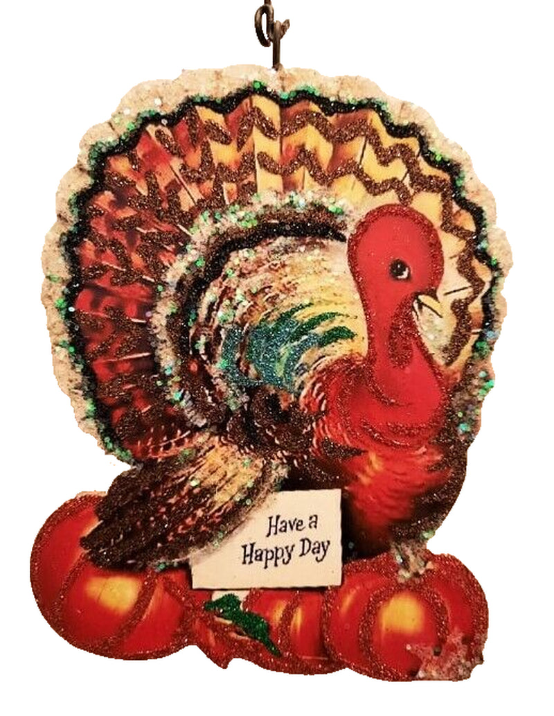 COLORFUL PLUMP TURKEY W PUMPKINS, HAPPY THANKSGIVING ORNAMENT * Vtg Img