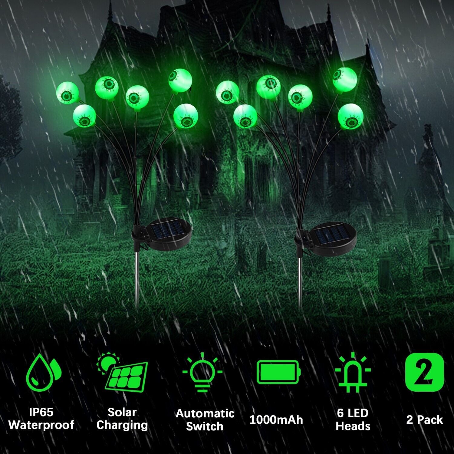 2 Pack LED Solar Eyeballs Light Garden Outdoor Waterproof Halloween Decor Lamp