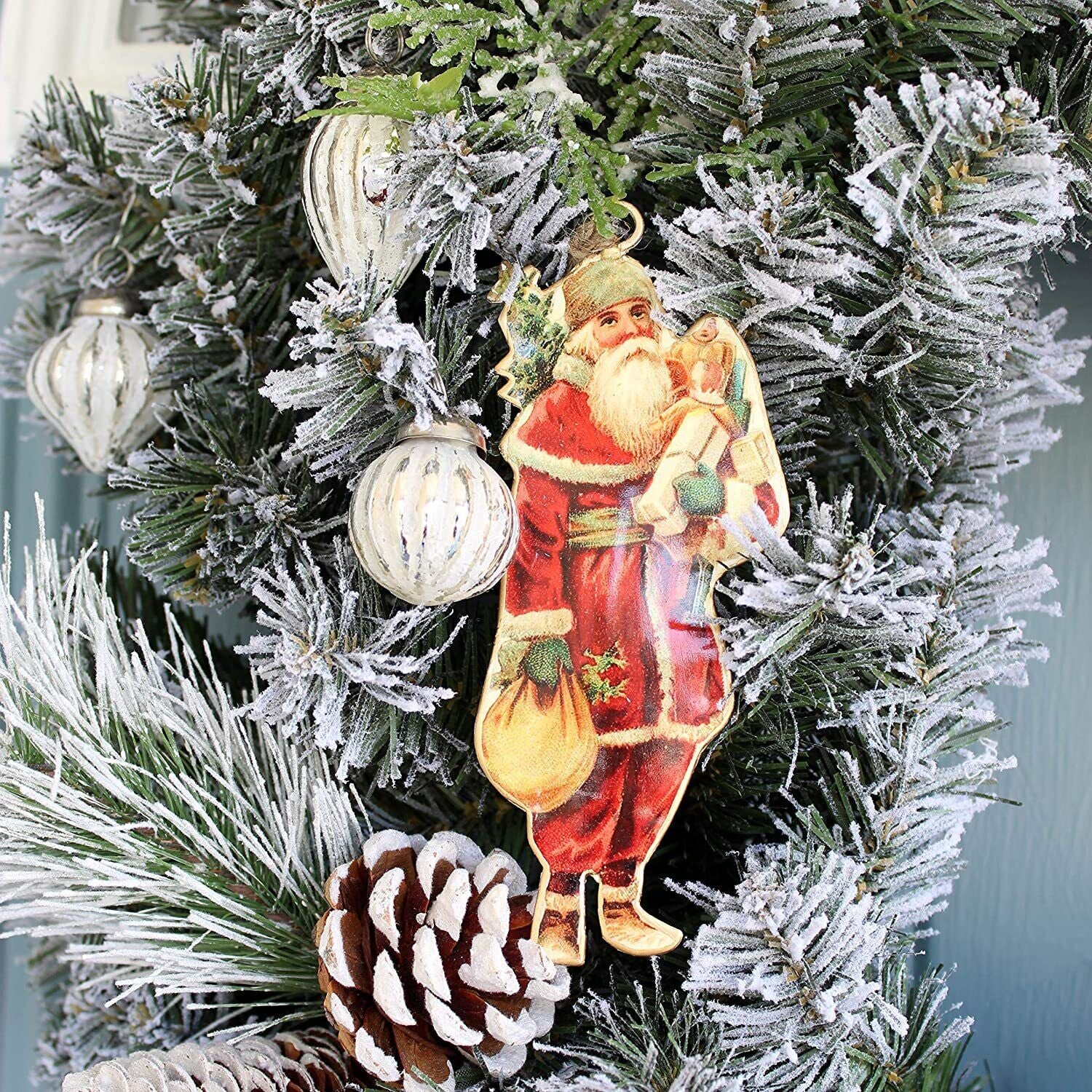 Vintage Santa Christmas Ornaments 3 Designs, 6 Total; Nostalgic Metal Frames