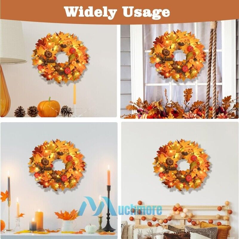 Fall Pumpkin Wreath Autumn Garlands LED Light Fr Front Door Hanging Thanksgiving