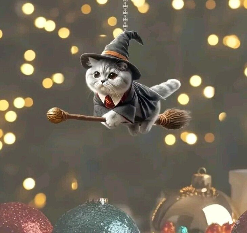 Flying Witch Cat | Acrylic Hanging Ornament | Halloween | Gothic | 2D Christmas
