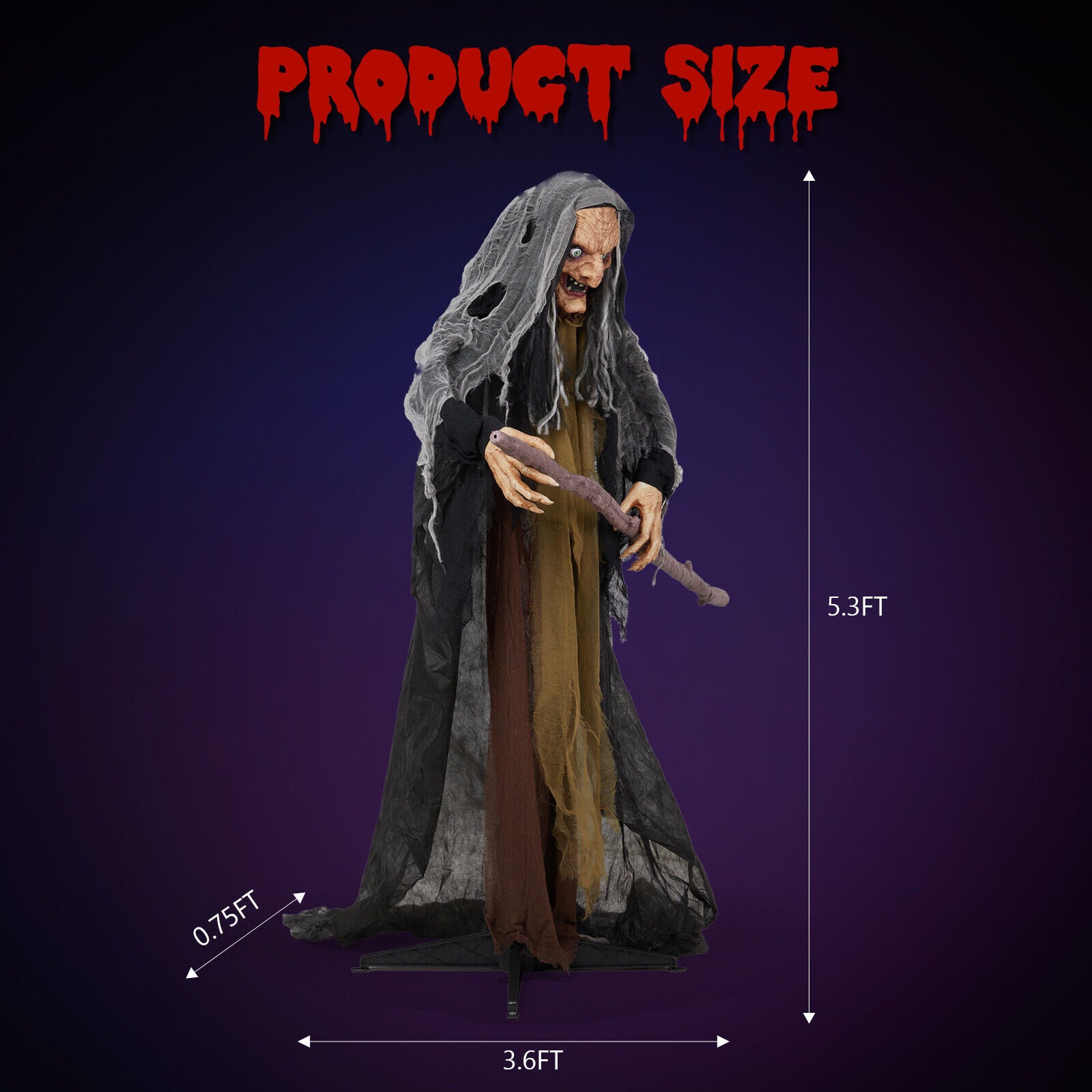 5.3FT Halloween Outdoor Spooky Decoration Talking Witch with Cane Glowing Eyes