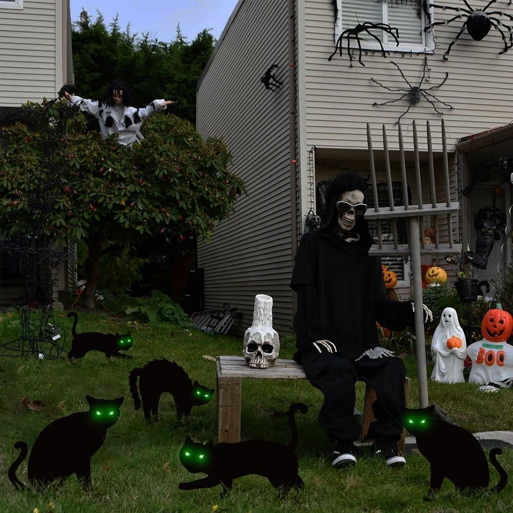 Outdoor Halloween Decorations, 5Ct Black Cat Yard Decor with LED Lights in Eyes,