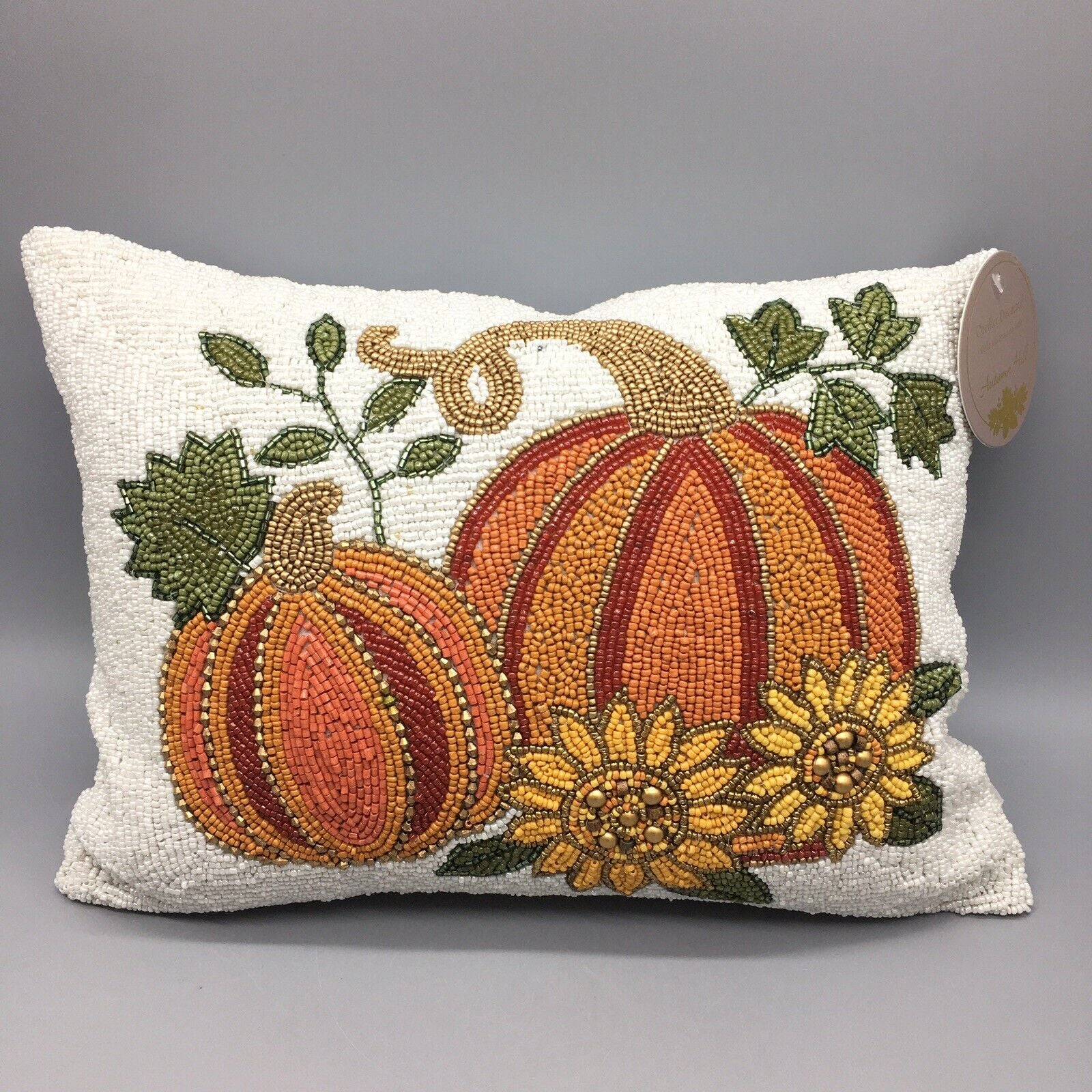 Autumn Hill Beaded Orange Pumpkin Sunflower Pillow Fall Thanksgiving Decor 12X16