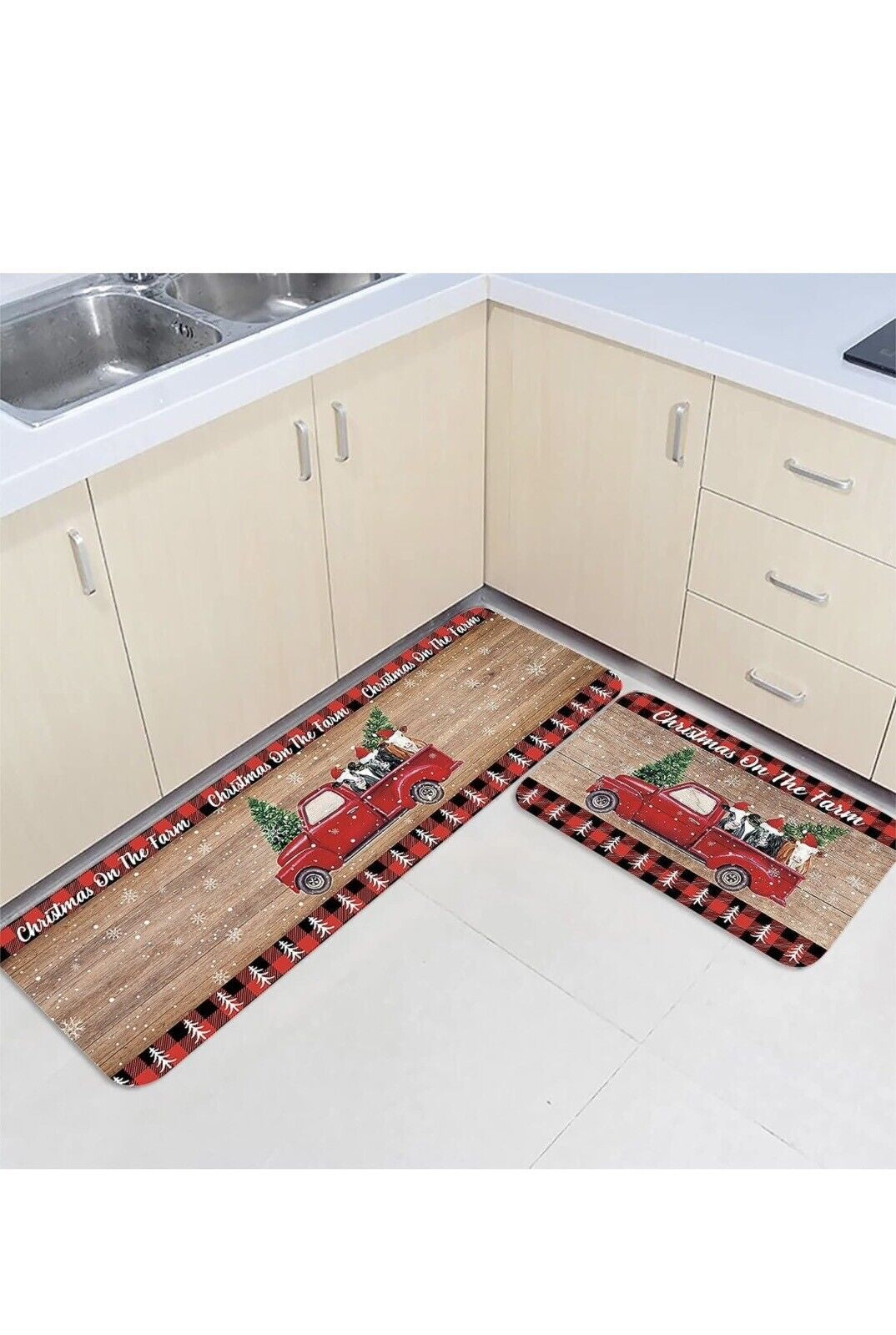 Christmas Comfort Kitchen Rug Set 2 Piece, Non Slip Cushioned Floor Mat