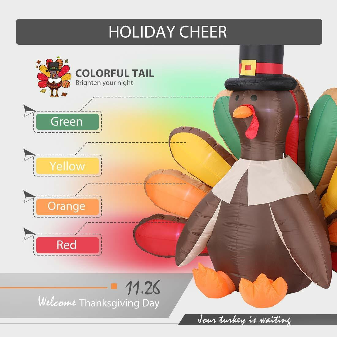 5Ft Inflatable Turkey LED Lighted Airblown Thanksgiving Outdoor Yard Decoration