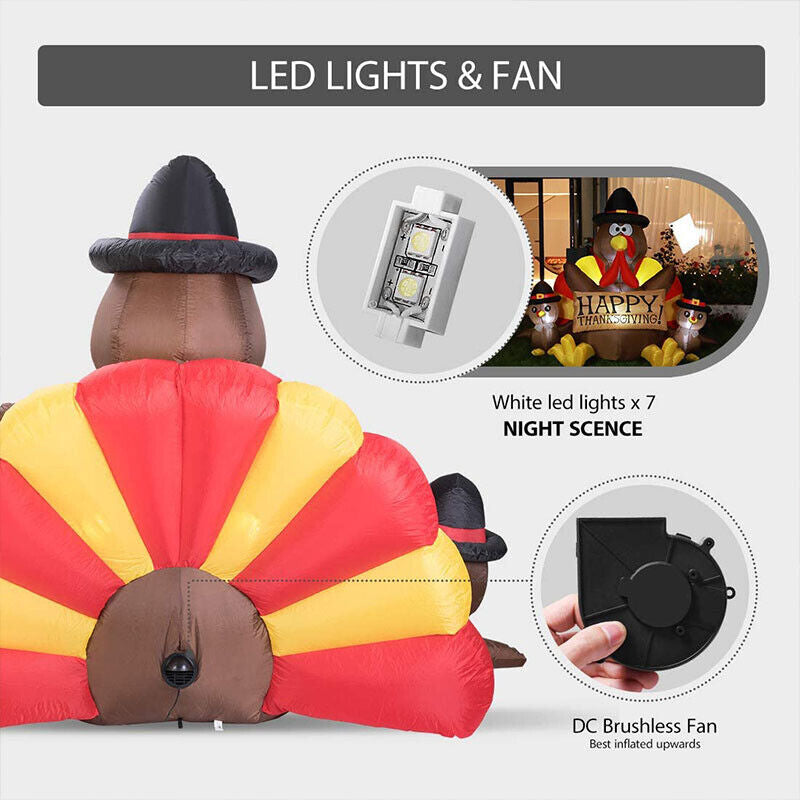 6Ft Thanksgiving Inflatable LED Lighted Turkey Family Blow up Outdoor Lawn Yard