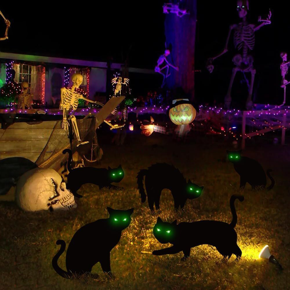 Outdoor Halloween Decorations, 5Ct Black Cat Yard Decor with LED Lights in Eyes,