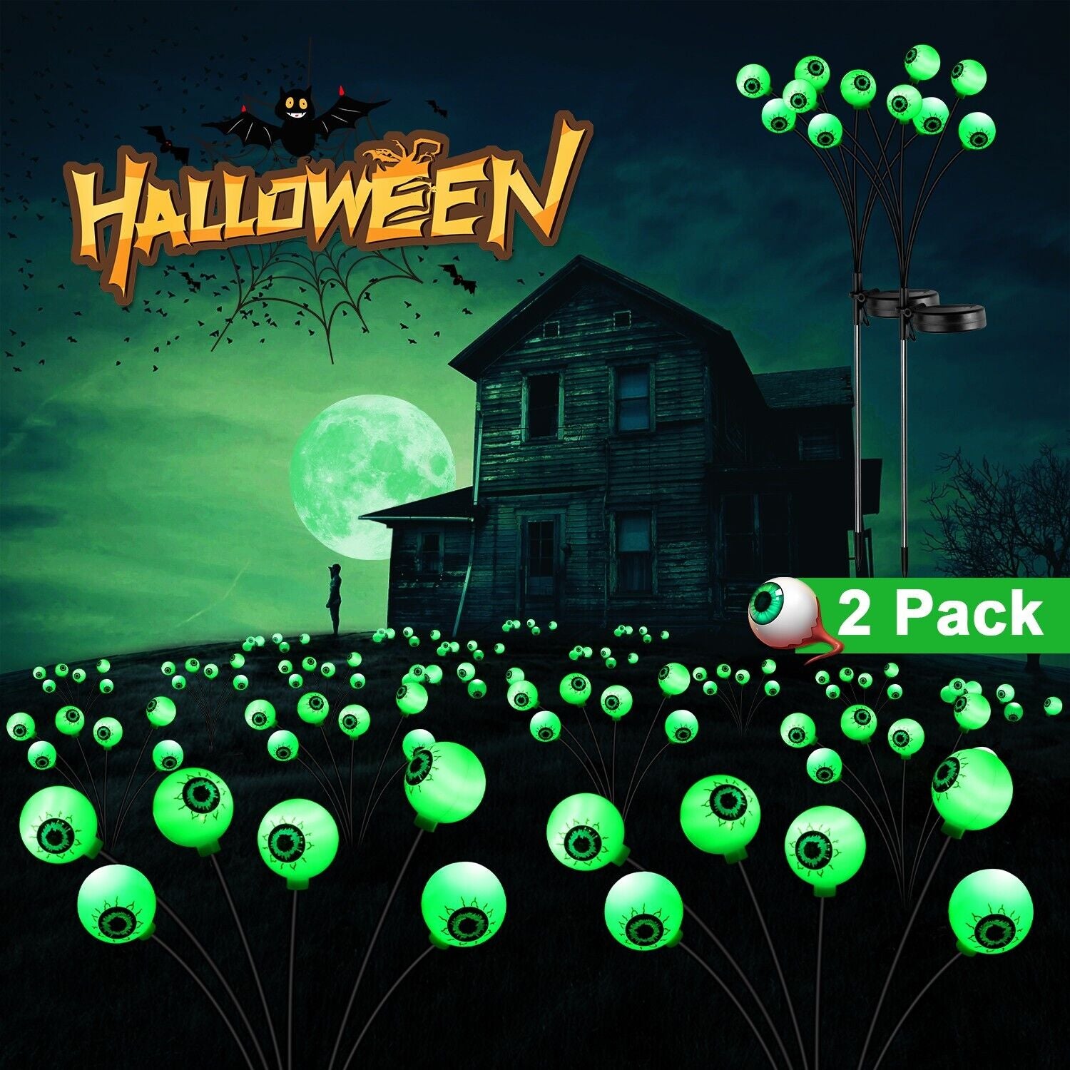 2 Pack LED Solar Eyeballs Light Garden Outdoor Waterproof Halloween Decor Lamp