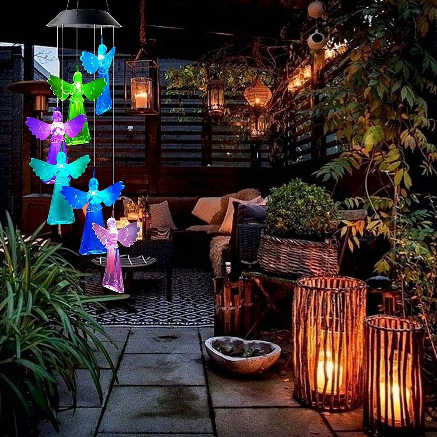 Solar Wind Chimes Lights LED Angels Color Changing Garden Lawn Hanging Lamp Deco