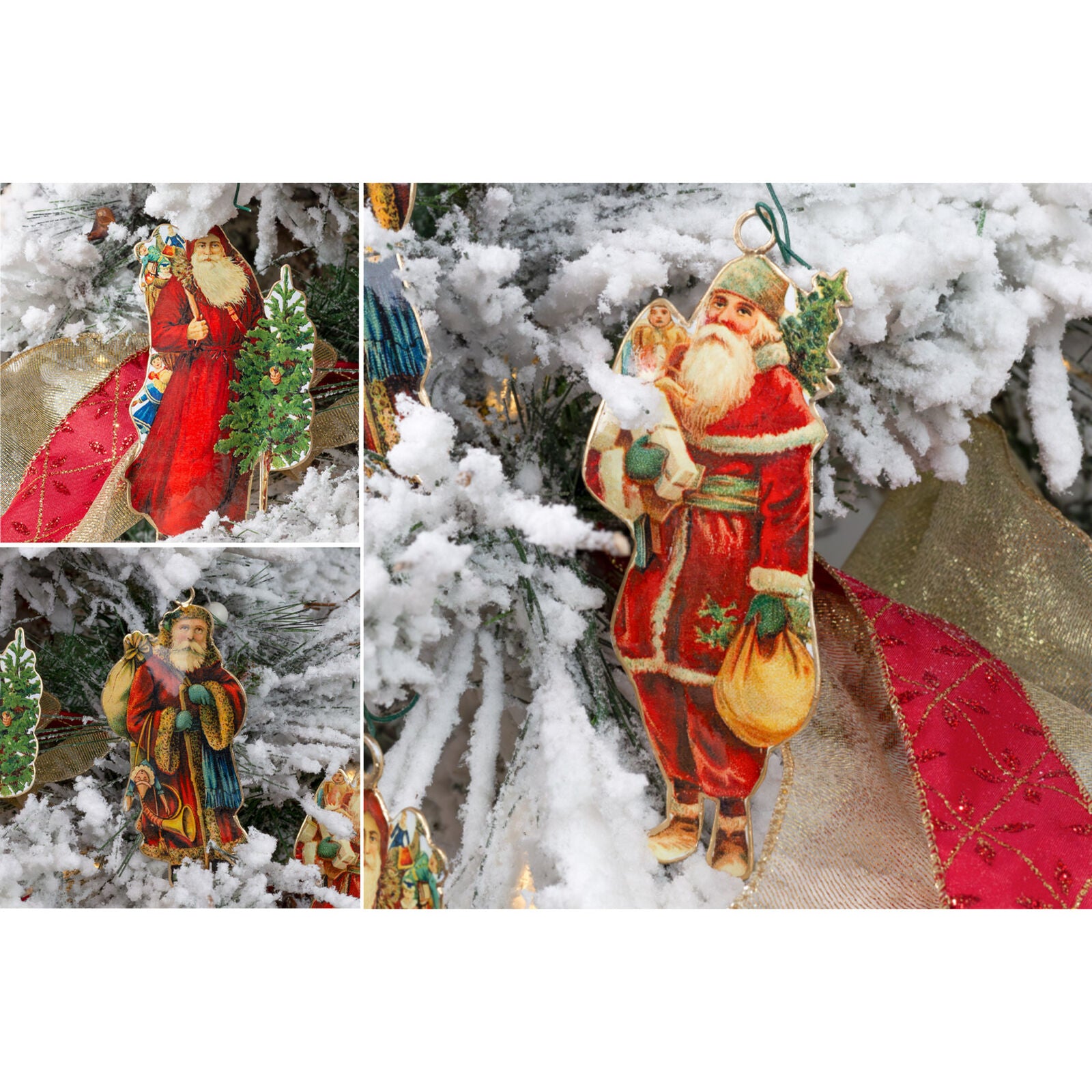 Vintage Santa Christmas Ornaments 3 Designs, 6 Total; Nostalgic Metal Frames