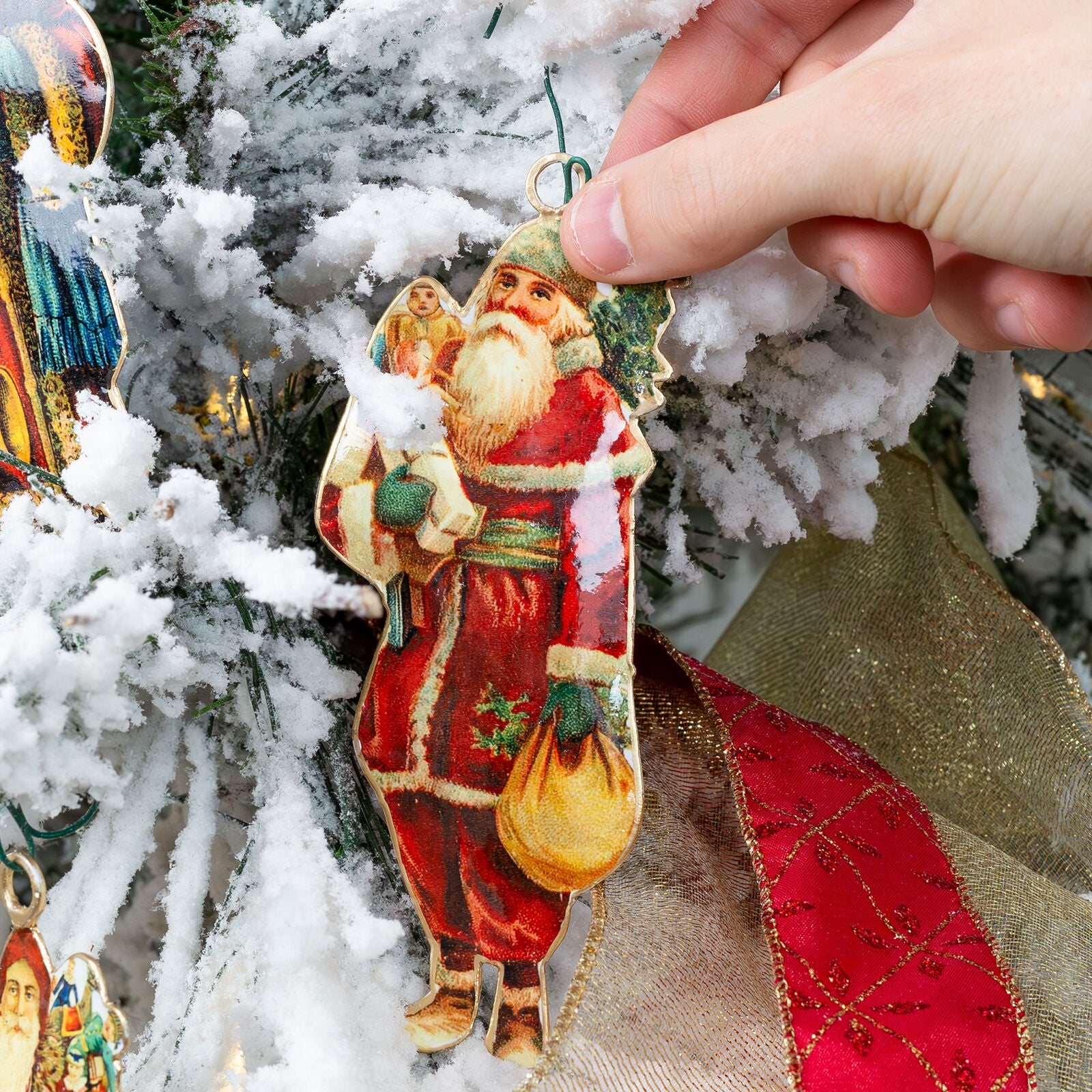 Vintage Santa Christmas Ornaments 3 Designs, 6 Total; Nostalgic Metal Frames