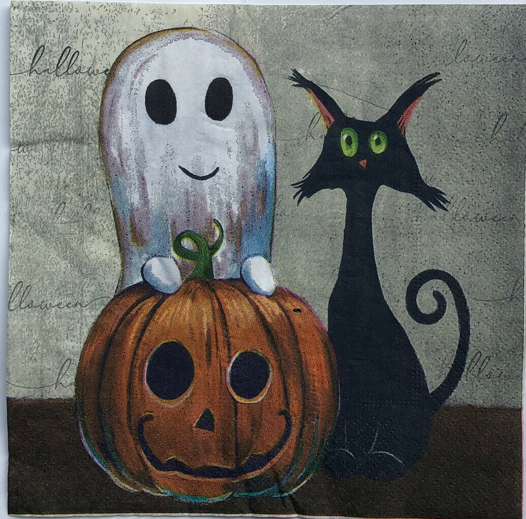 Two Individual Ghost Black Cat Halloween Pumpkin Luncheon Decoupage Paper Napkin