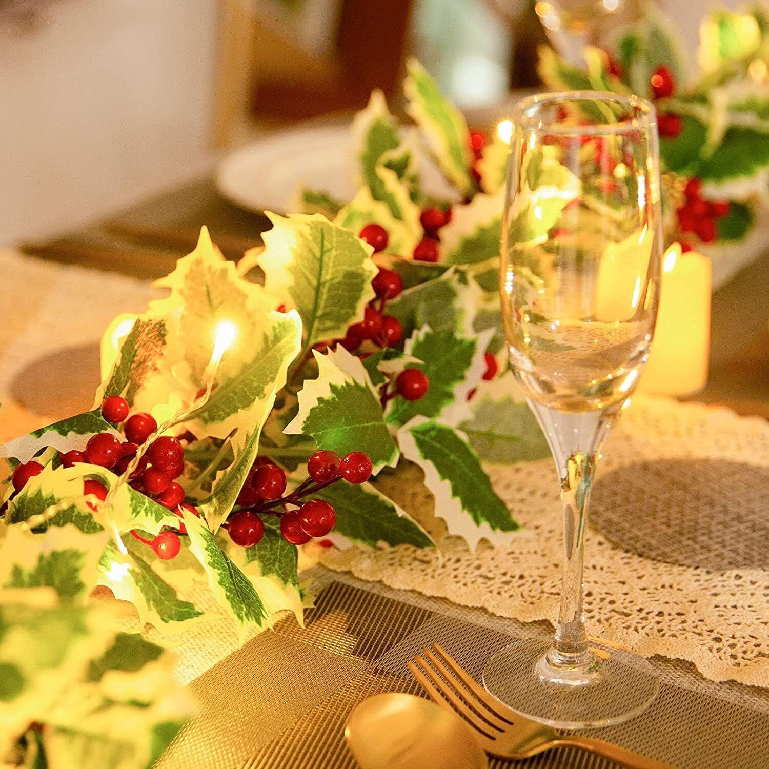 6 FT Christmas Garland with Lights Pine Cones Red Berries Green Holly Leaves