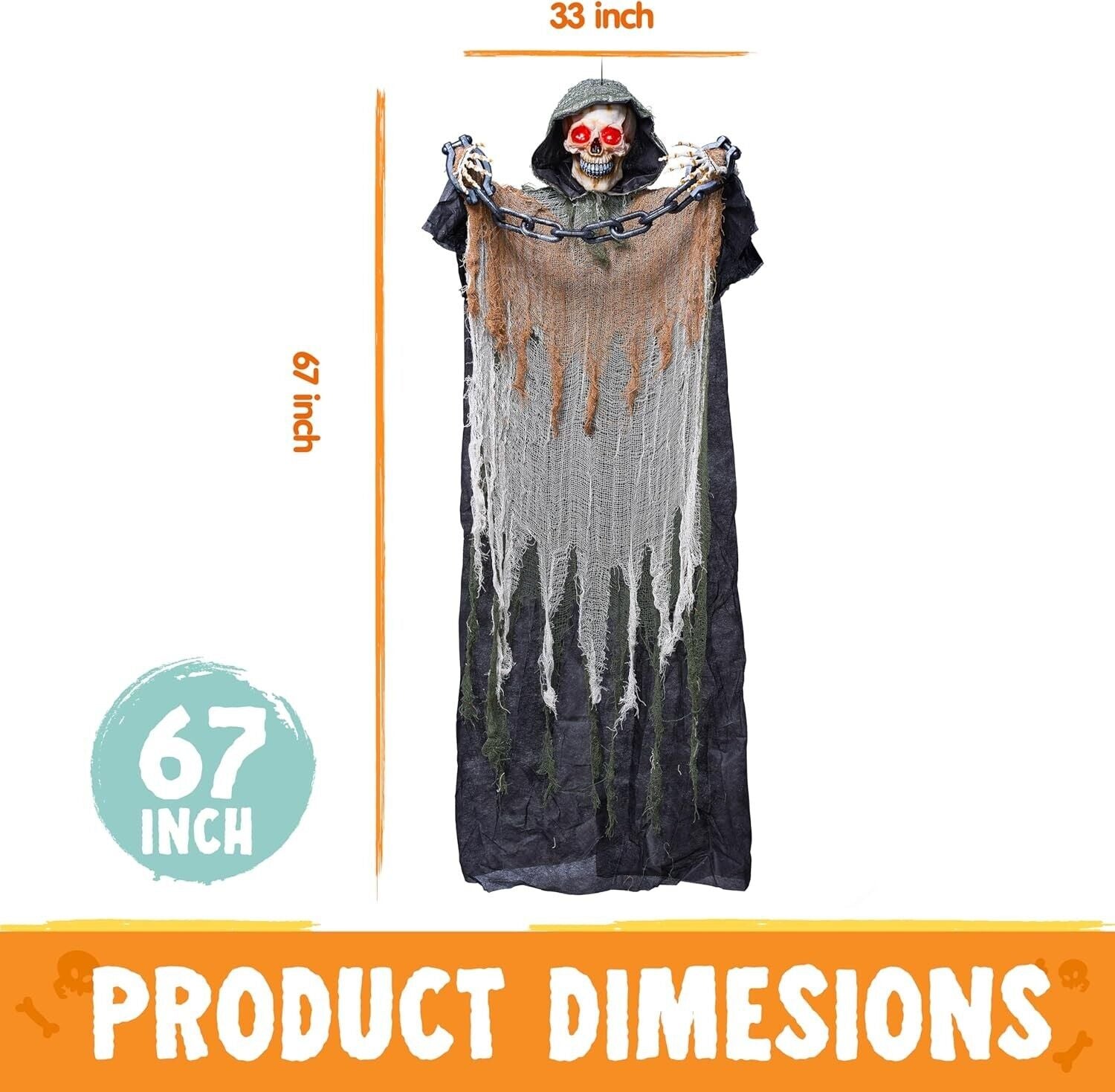67” Halloween Animatronics Outdoor Hanging, Animated Hanging Skeleton Ghost