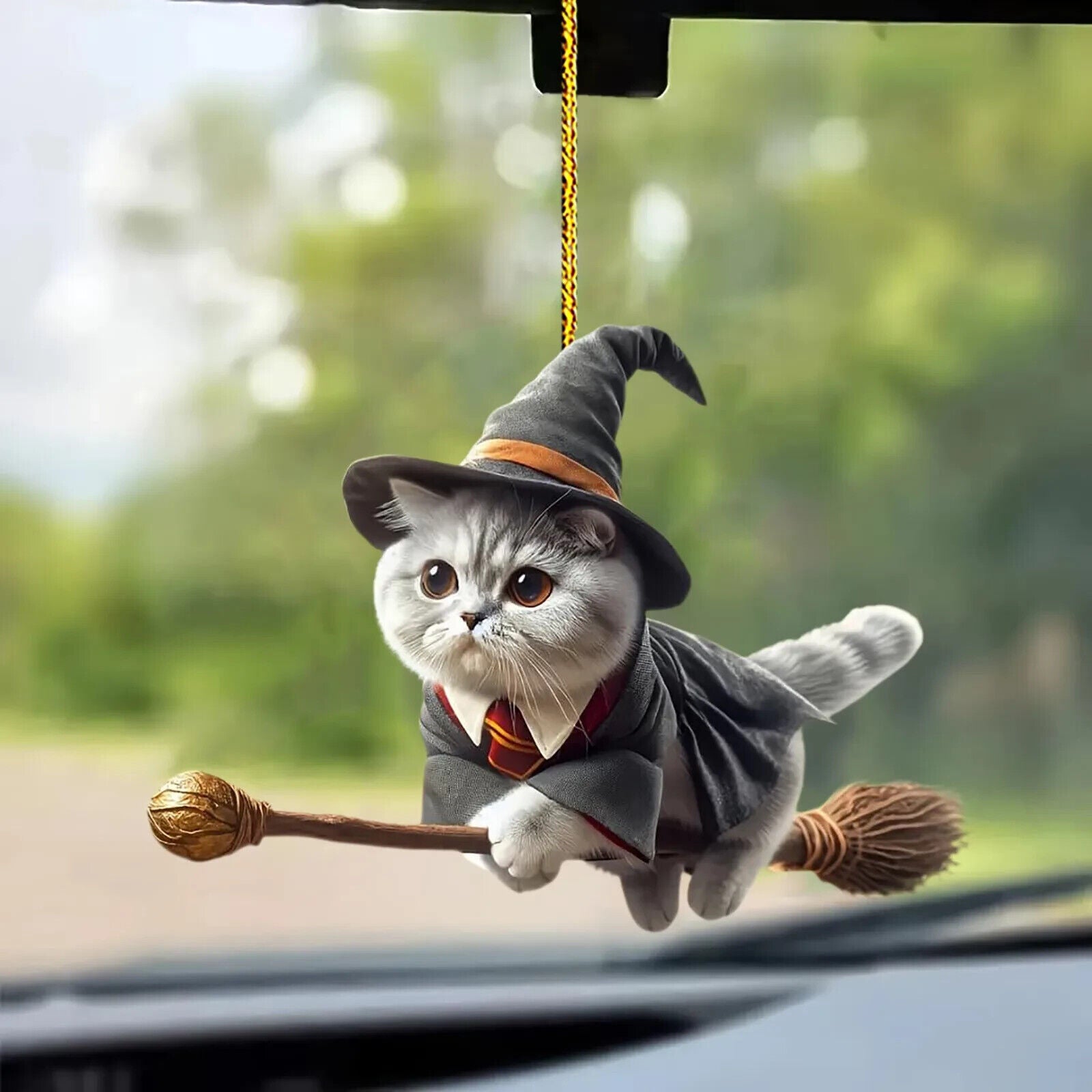 2D Magical Cat Which Car Pendant Ornament Halloween Witch Decor / Christmas