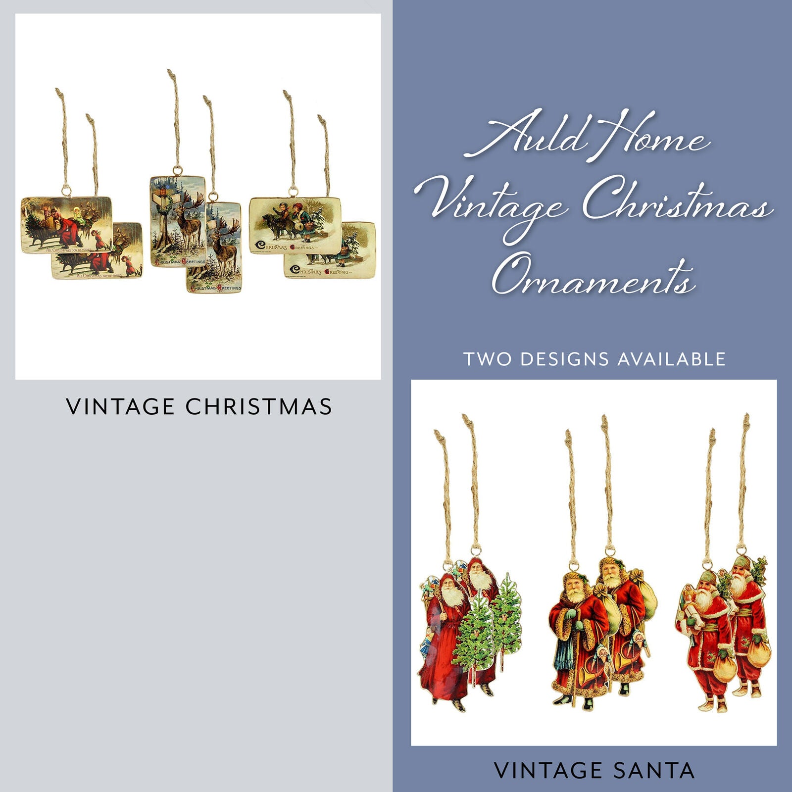 Vintage Santa Christmas Ornaments 3 Designs, 6 Total; Nostalgic Metal Frames