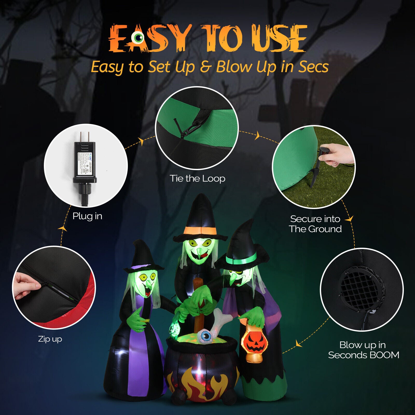 Halloween Inflatable Outdoor Lawn Decoration 6FT 3 Witches Blow up LED Lights