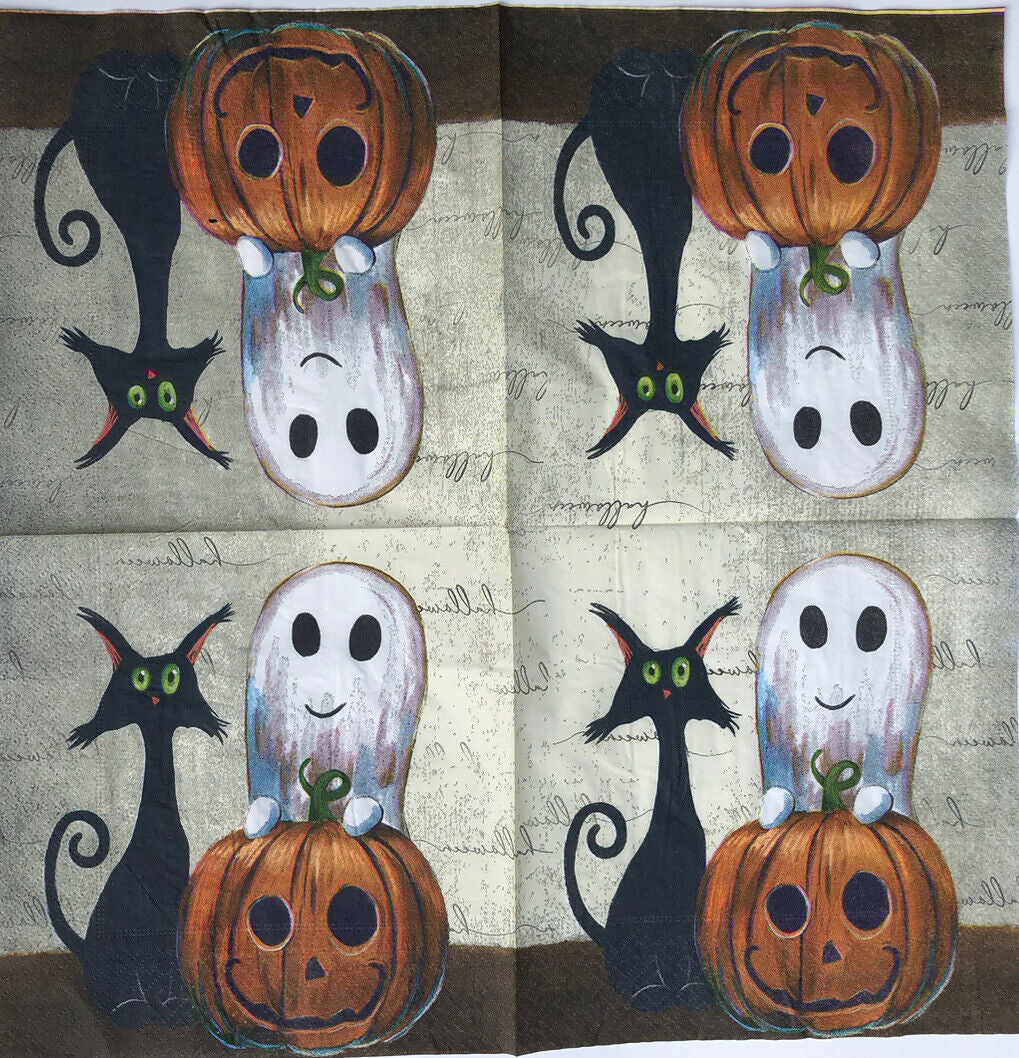Two Individual Ghost Black Cat Halloween Pumpkin Luncheon Decoupage Paper Napkin