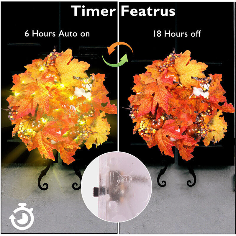 Fall Pumpkin Wreath Autumn Garlands LED Light Fr Front Door Hanging Thanksgiving