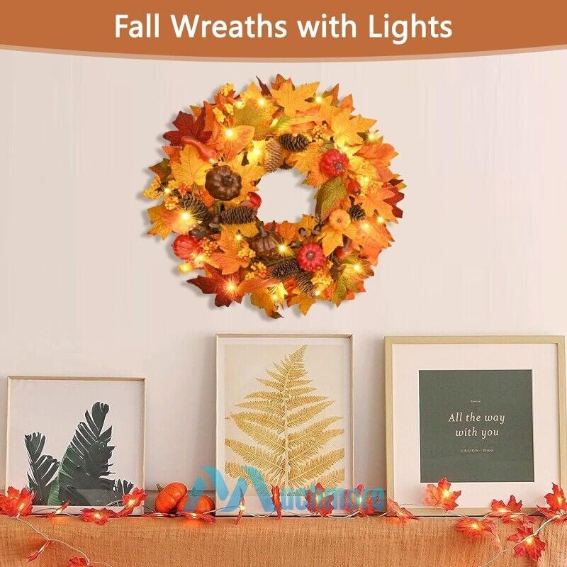 Fall Pumpkin Wreath Autumn Garlands LED Light Fr Front Door Hanging Thanksgiving