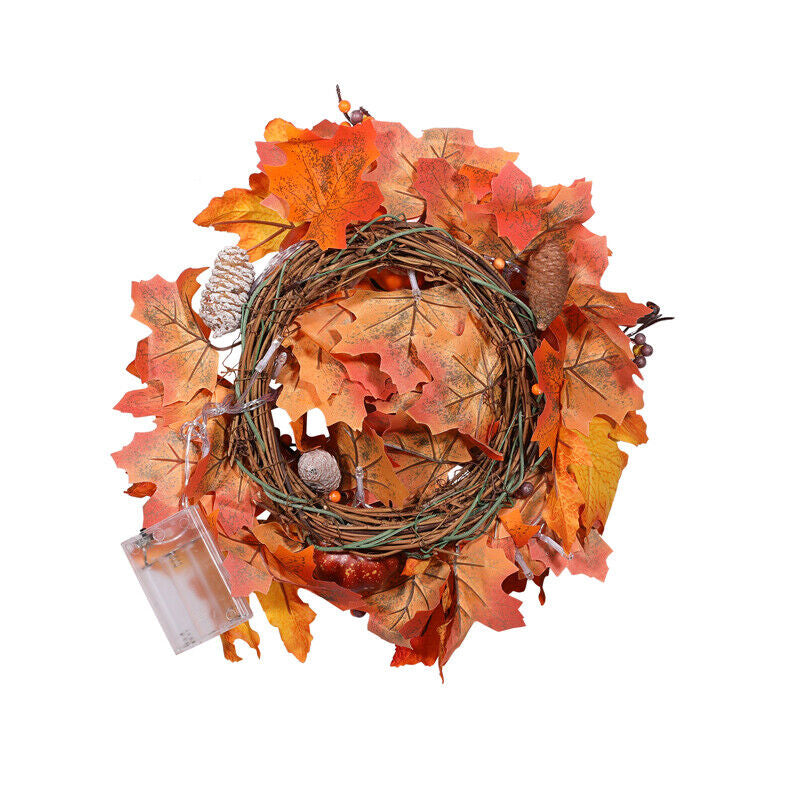 Fall Pumpkin Wreath Autumn Garlands LED Light Fr Front Door Hanging Thanksgiving