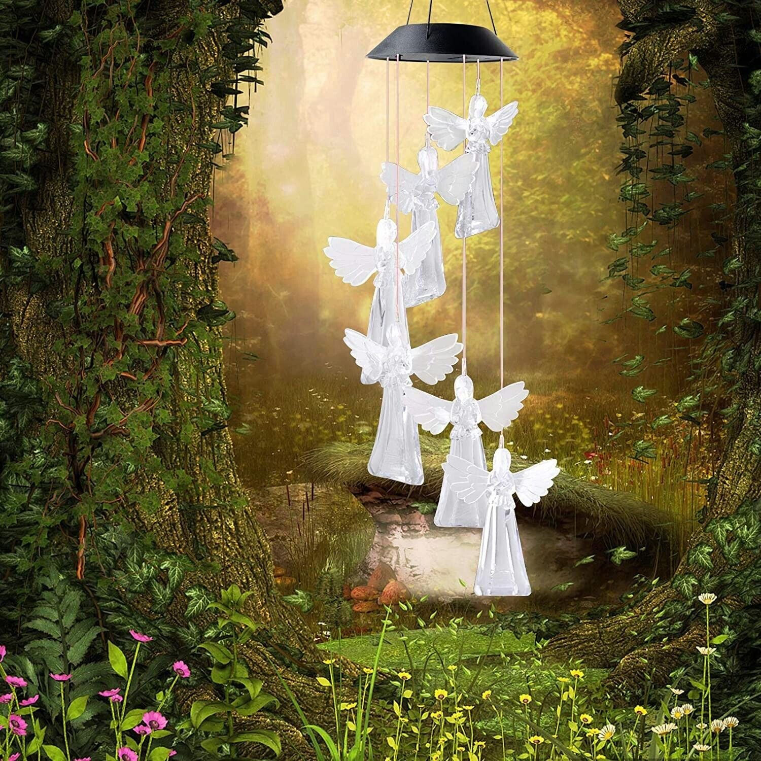 Solar Wind Chimes Lights LED Angels Color Changing Garden Lawn Hanging Lamp Deco