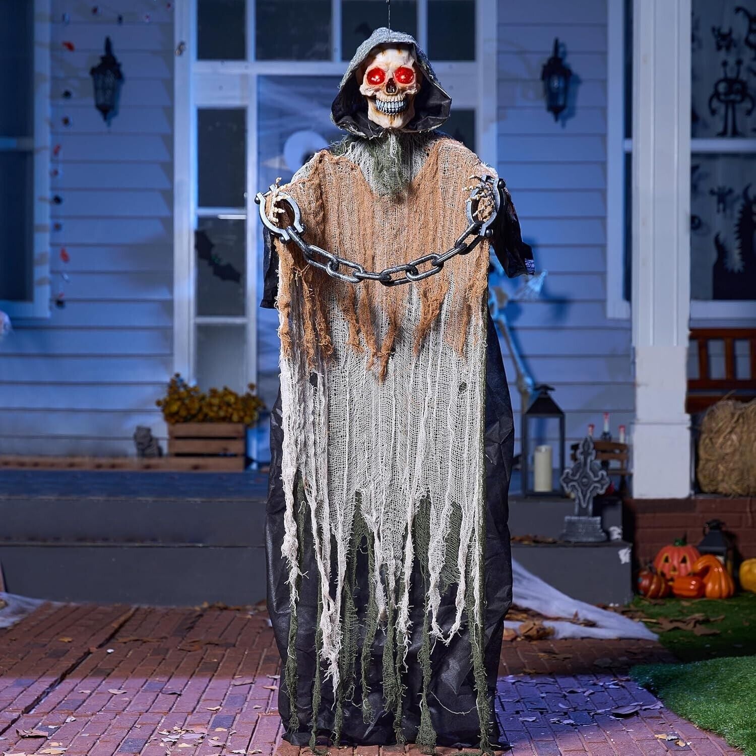 67” Halloween Animatronics Outdoor Hanging, Animated Hanging Skeleton Ghost