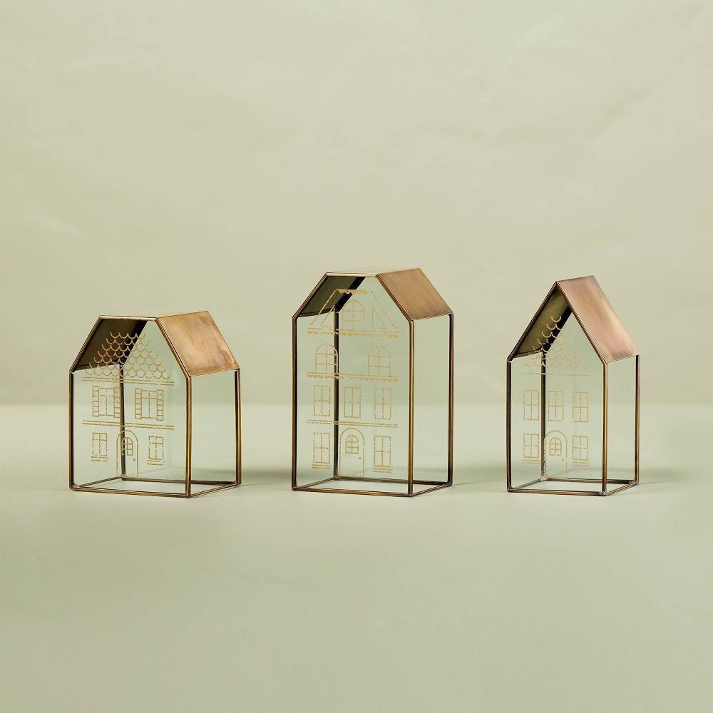 Decorative Glass & Brass Christmas Houses (Set of 3) - Hearth & Hand With