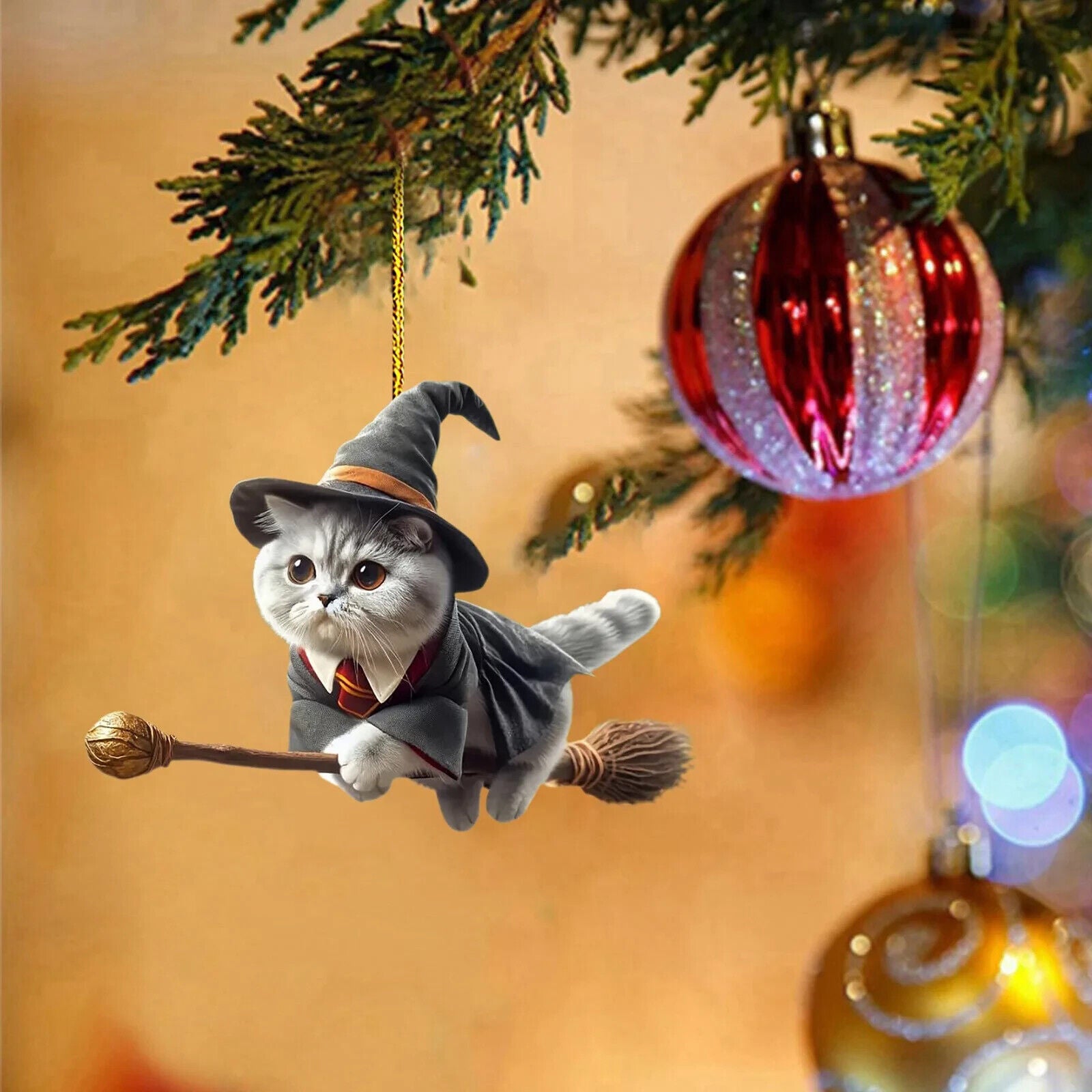 2D Magical Cat Which Car Pendant Ornament Halloween Witch Decor / Christmas