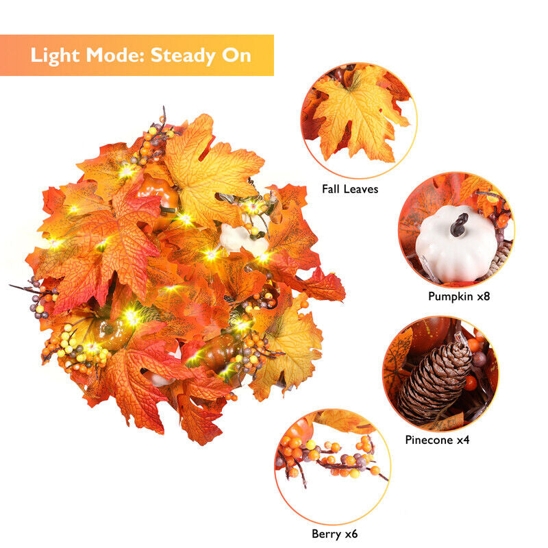 Fall Pumpkin Wreath Autumn Garlands LED Light Fr Front Door Hanging Thanksgiving