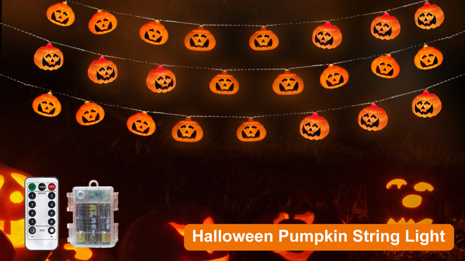 Halloween Pumpkin Lanterns String Lights 16.4FT 30 LED Jack O Lantern W/ Remote