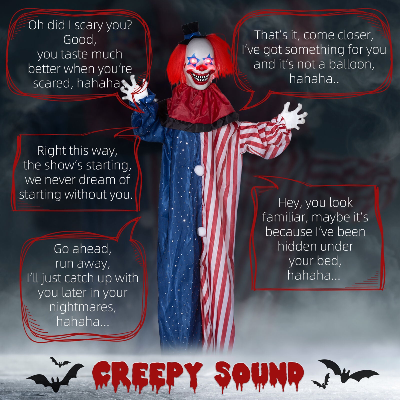Hanging Clown Halloween Animatronic, Sound Activated for Party
