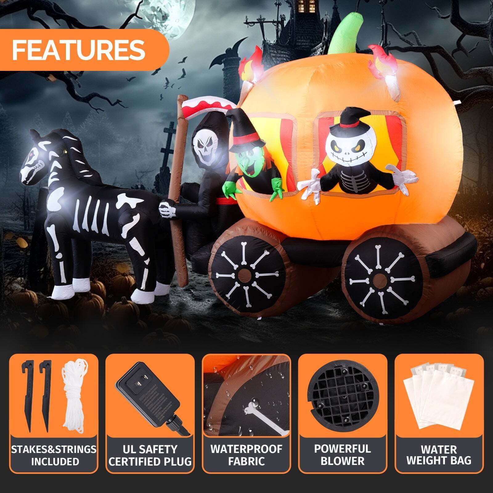 6FT TALL PUMPKIN CARRIAGE HALLOWEEN LED INFLATABLE