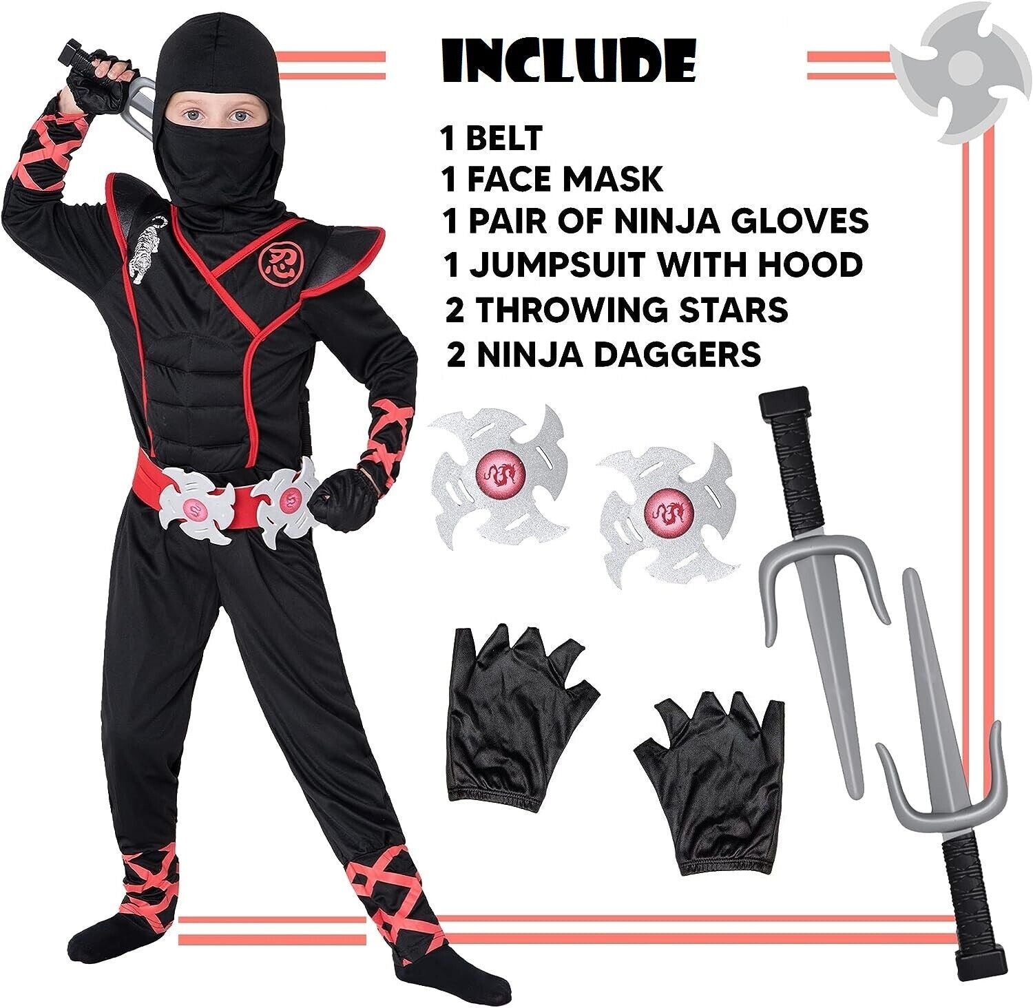 Black Deluxe Ninja Costume for Kids Boys Halloween Costume Dress up Small 5-7Yrs