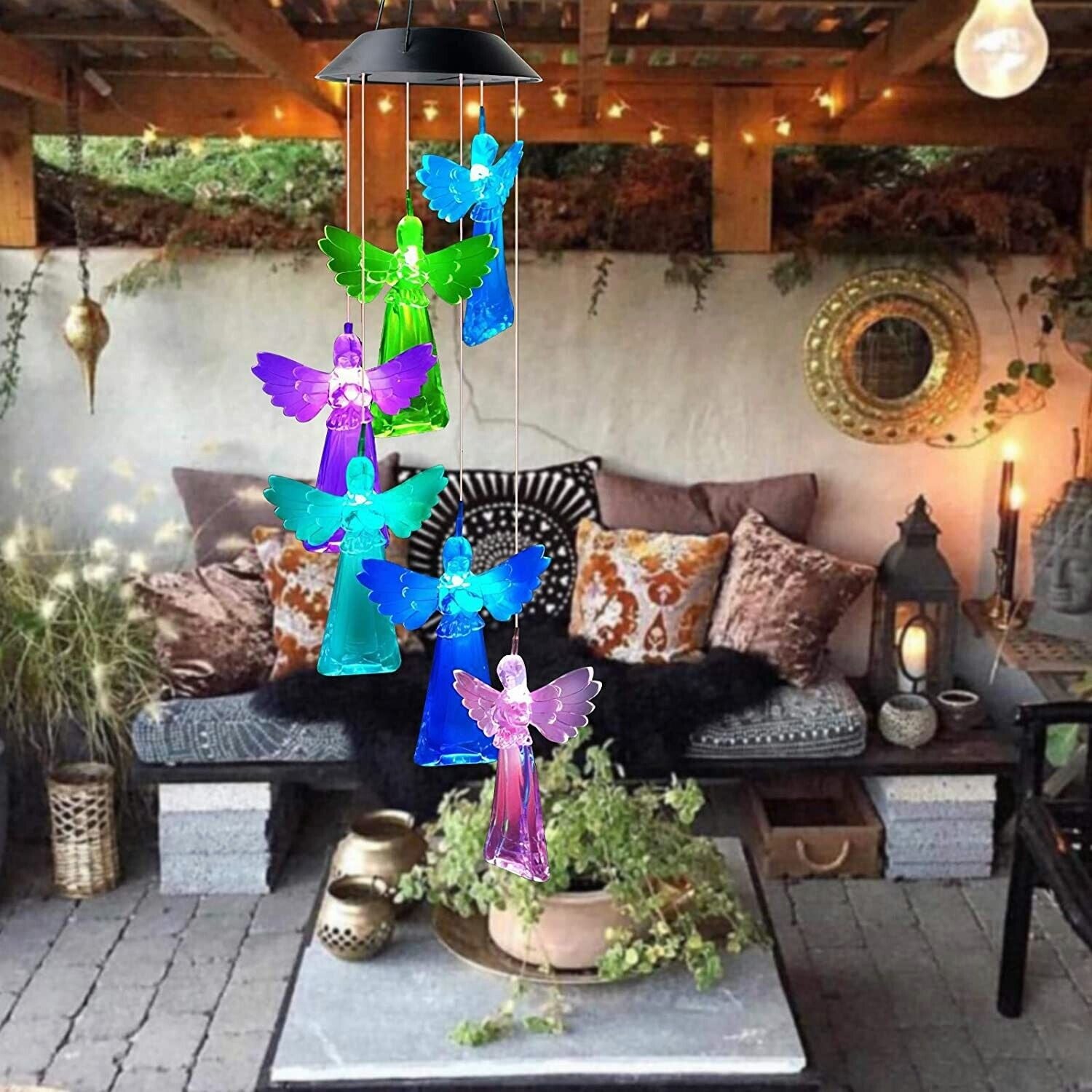 Solar Wind Chimes Lights LED Angels Color Changing Garden Lawn Hanging Lamp Deco