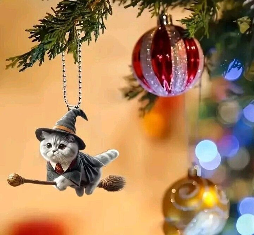 Flying Witch Cat | Acrylic Hanging Ornament | Halloween | Gothic | 2D Christmas