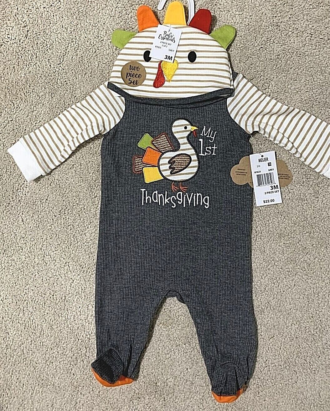 MY 1St THANKSGIVING 2-Piece Outfit Sleeper & Hat BABY ESSENTIALS 3 Mos. NEW