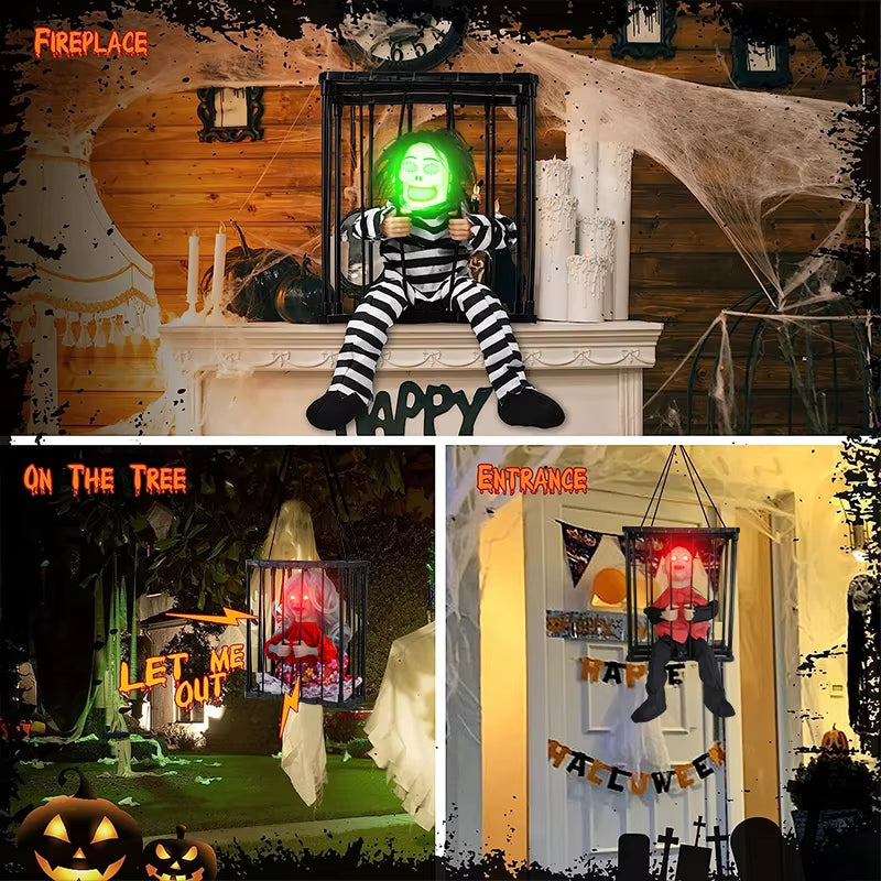 Halloween Animatronics Horror Skeleton Prisoner Toy Flashing Light Sound Doll Scary Ghost Haunted House Horror Party Props Decor