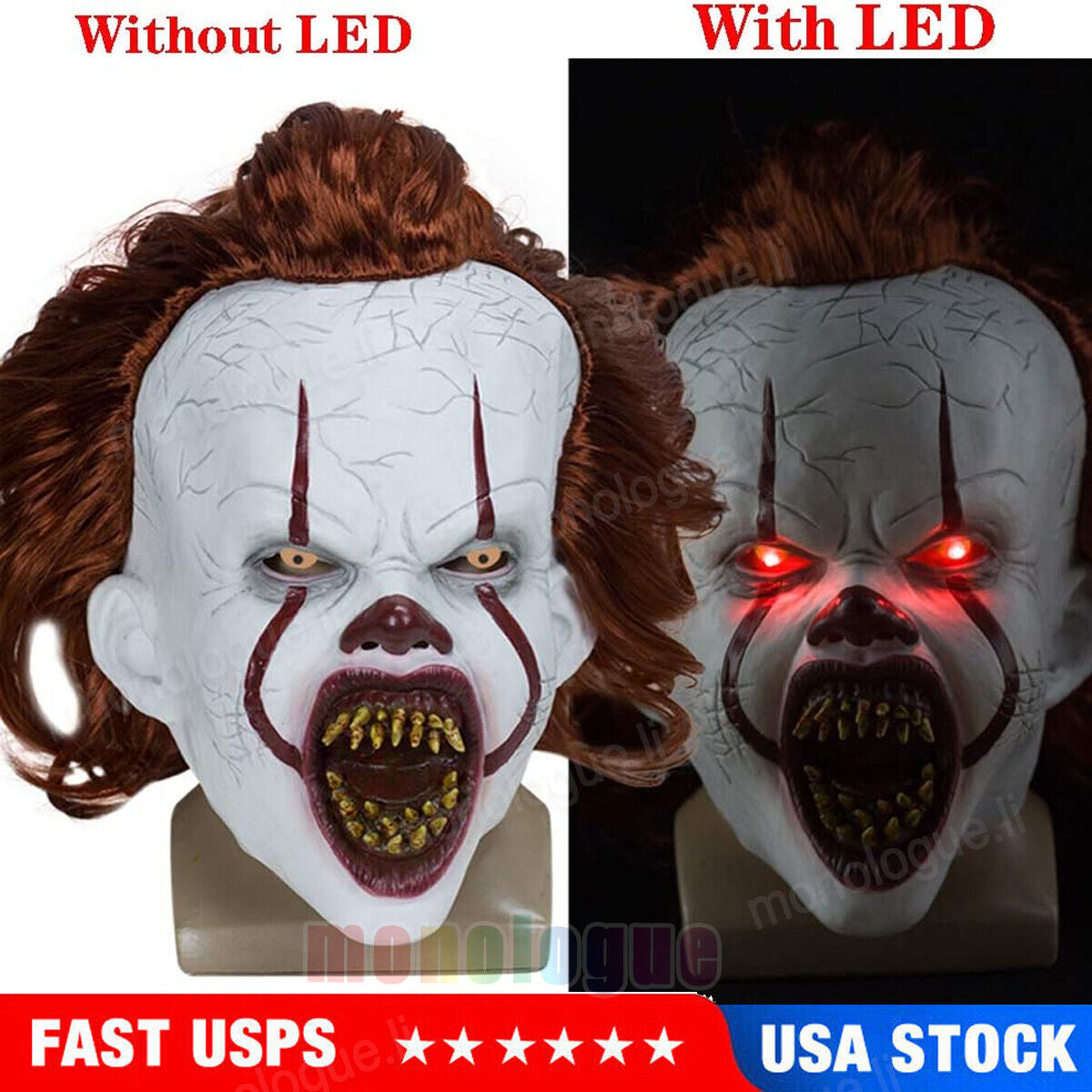 Scary Clown Pennywise IT Full Mask Evilred Eyes Horror Cosplay Halloween Costume
