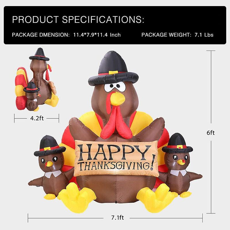 6Ft Thanksgiving Inflatable LED Lighted Turkey Family Blow up Outdoor Lawn Yard